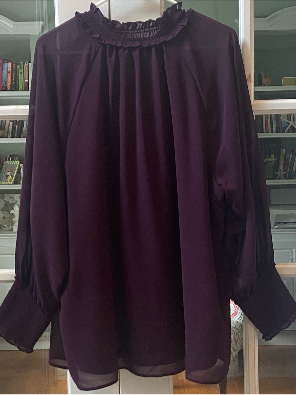 Calvin Klein Plum Long-Sleeve SheerRuffled Neck Blouse Size 1X - Picture 2 of 6